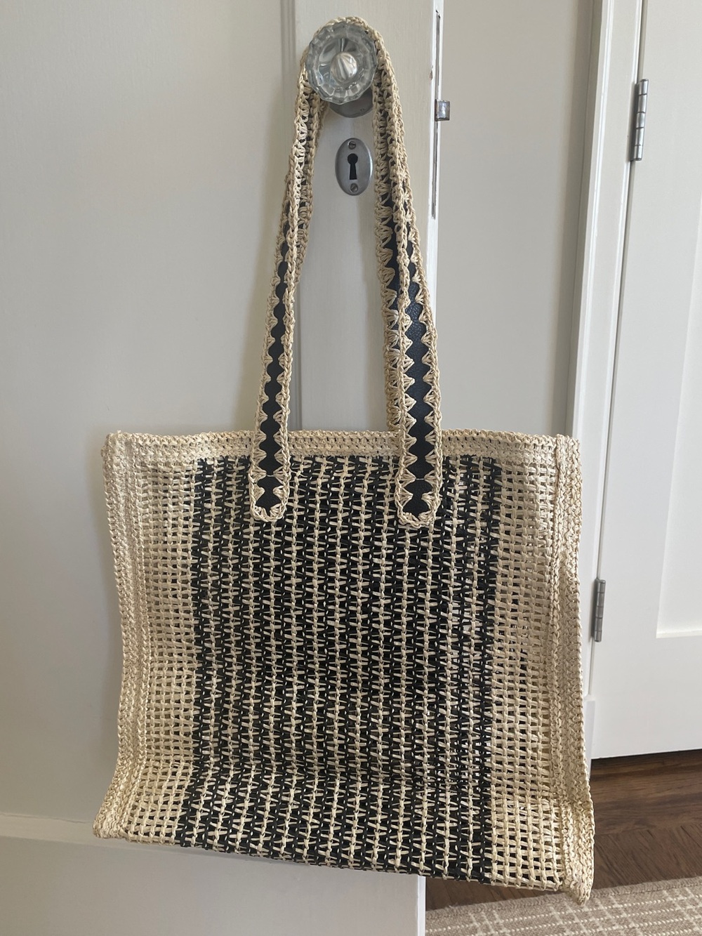 Straw Tote Bag in Natural and Black - Lightweight Beach & Market Bag